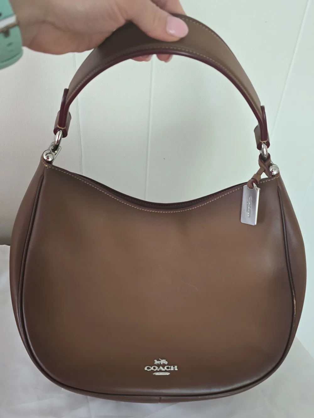 Coach Brown Leather Crescent Shoulder Bag with Tan Handle Edge